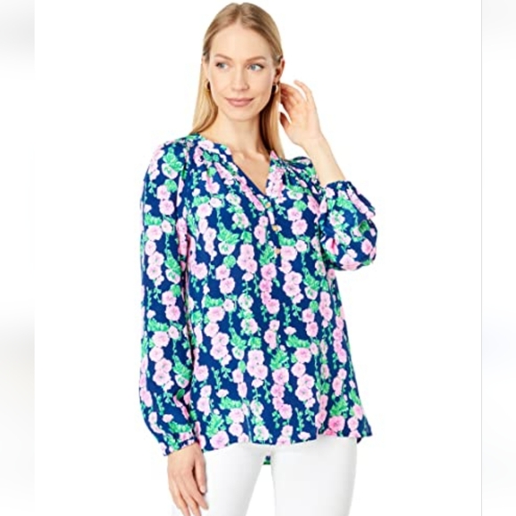 Lilly Pulitzer Elsa Top Oyster Bay Navy De Vine Size 100% Silk - Picture 1 of 5